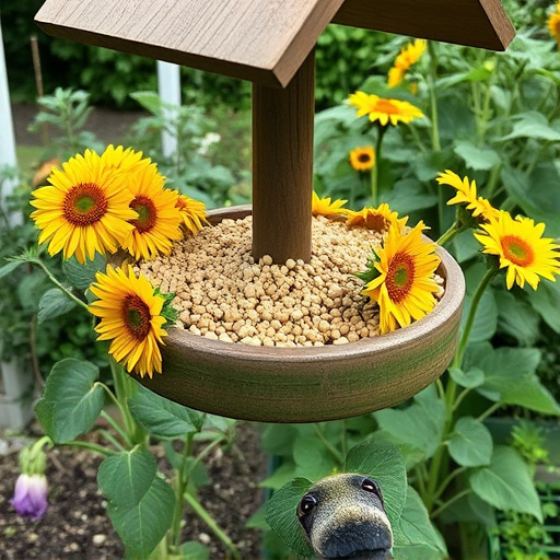 Garden feeding station filled with sunflower hearts