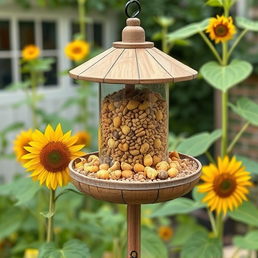 Garden feeding station filled with sunflower hearts