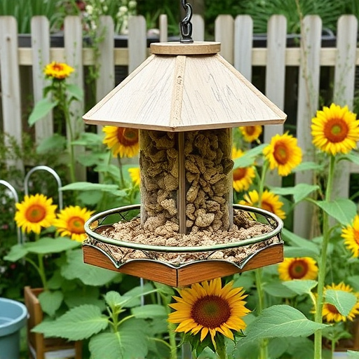 Garden feeding station filled with sunflower hearts