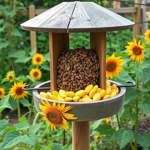 Garden feeding station filled with sunflower hearts