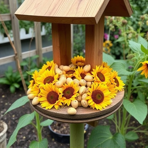 Garden feeding station filled with sunflower hearts