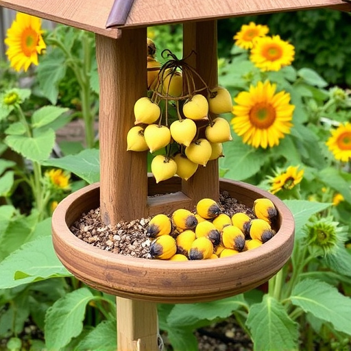 Garden feeding station filled with sunflower hearts