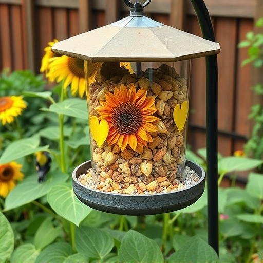 Garden feeding station filled with sunflower hearts