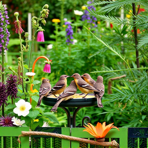 Garden scene with birds feeding suet