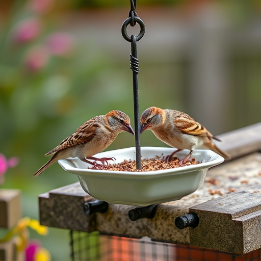 Garden sparrows eating from roofed dish