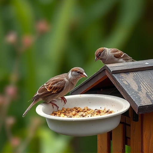 Garden sparrows eating from roofed dish