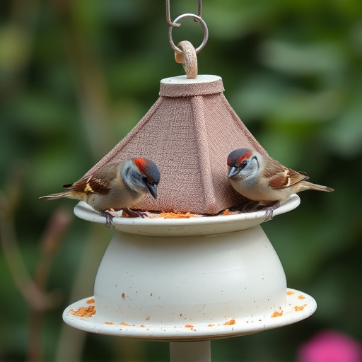 Garden sparrows eating from roofed dish