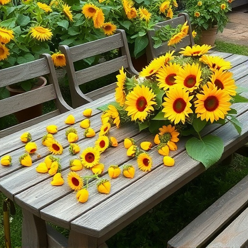 Garden table scattered with sunflower hearts