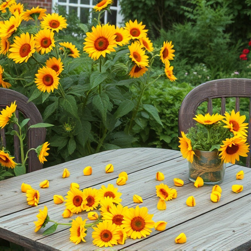Garden table scattered with sunflower hearts