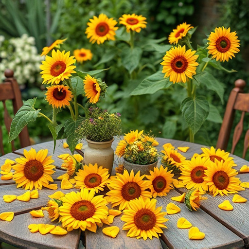 Garden table scattered with sunflower hearts