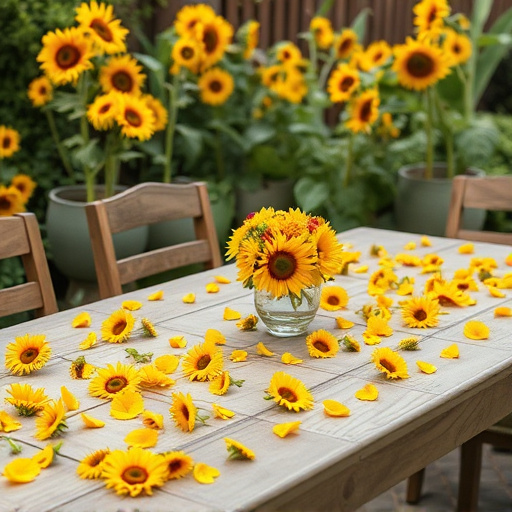 Garden table scattered with sunflower hearts