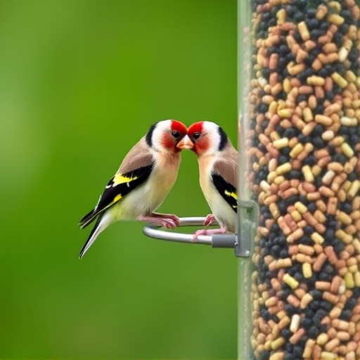 Goldfinch eating from tube seed feeder
