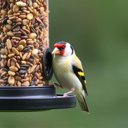 Goldfinch eating from tube seed feeder