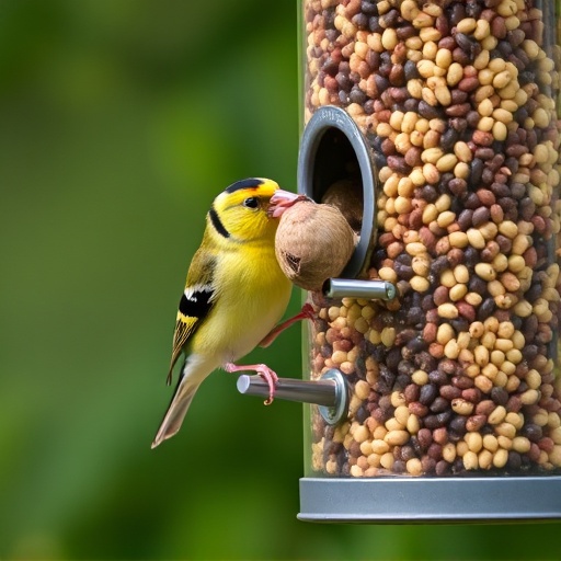 Goldfinch eating from tube seed feeder