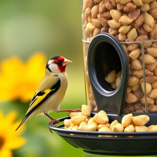 Goldfinch eating sunflower hearts from feeder