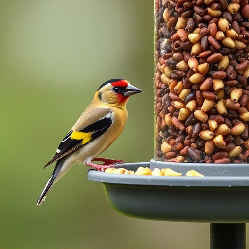 Goldfinch eating sunflower hearts from feeder