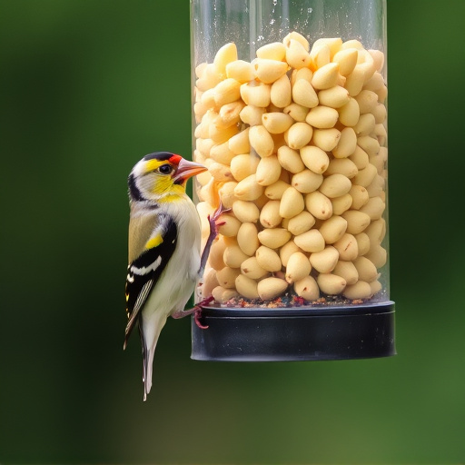 Goldfinch eating sunflower hearts from feeder