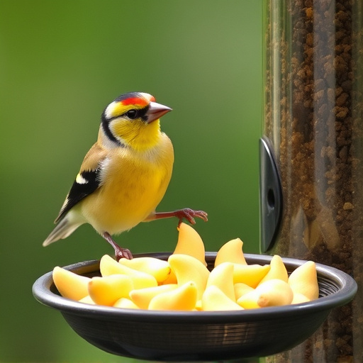 Goldfinch eating sunflower hearts from feeder