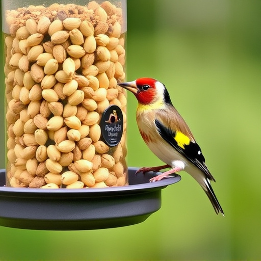 Goldfinch eating sunflower hearts from feeder