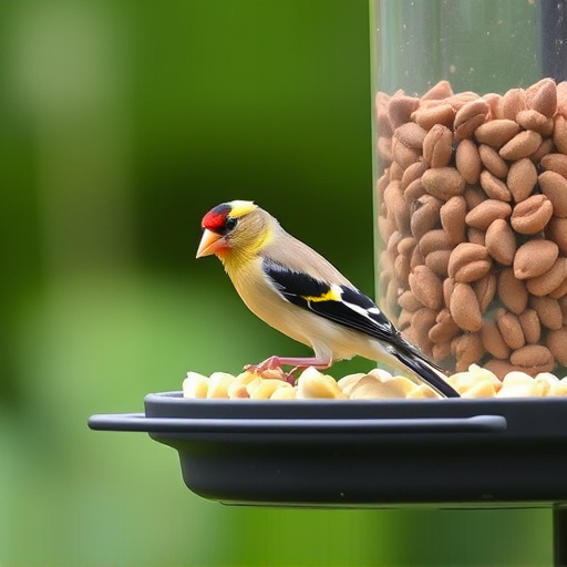 Goldfinch eating sunflower hearts from feeder