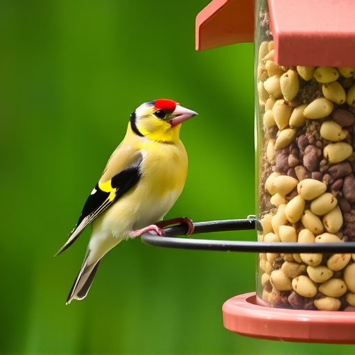 Goldfinch eating sunflower hearts from feeder