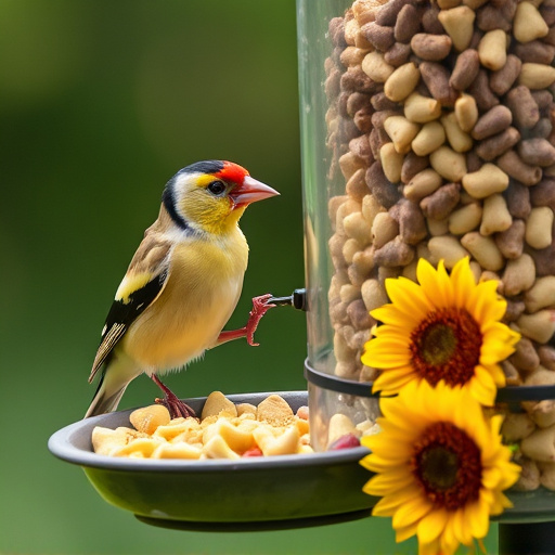 Goldfinch eating sunflower hearts from feeder