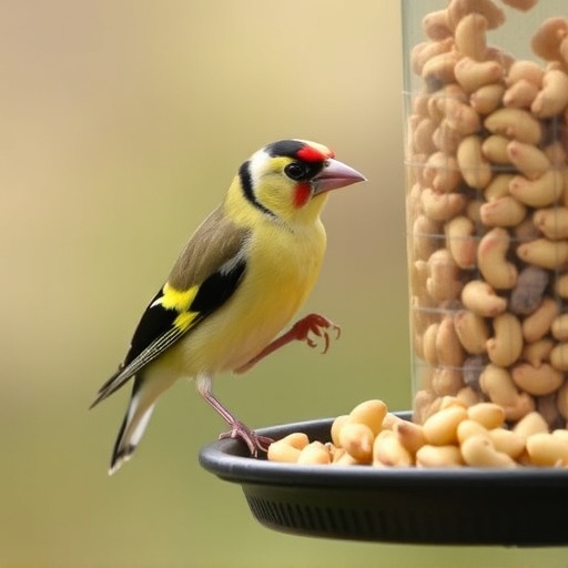 Goldfinch eating sunflower hearts from feeder