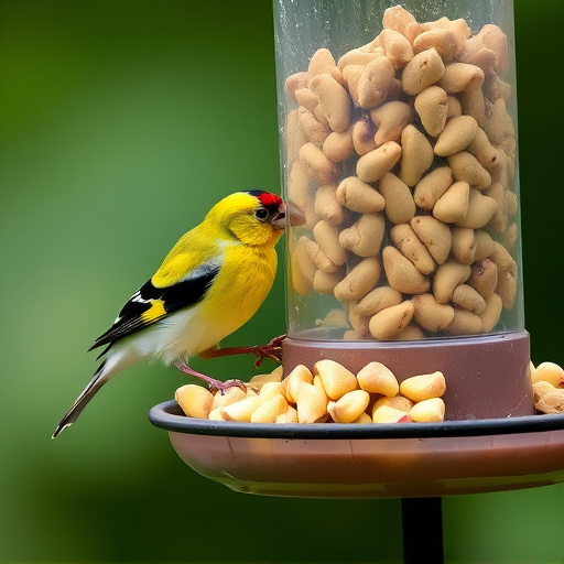 Goldfinch eating sunflower hearts from feeder