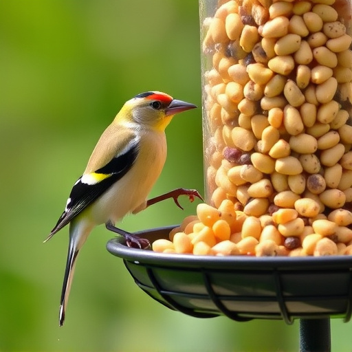 Goldfinch eating sunflower hearts from feeder