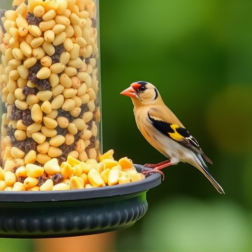 Goldfinch eating sunflower hearts from feeder