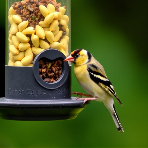 Goldfinch eating sunflower hearts from feeder