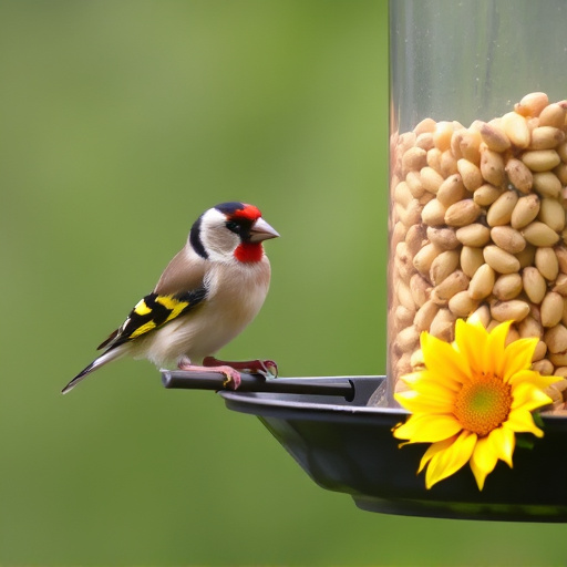 Goldfinch eating sunflower hearts from feeder