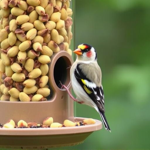 Goldfinch eating sunflower hearts from feeder