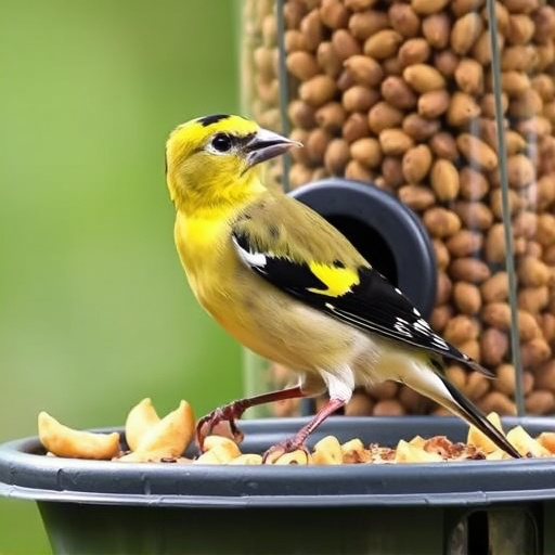Goldfinch eating sunflower hearts from feeder