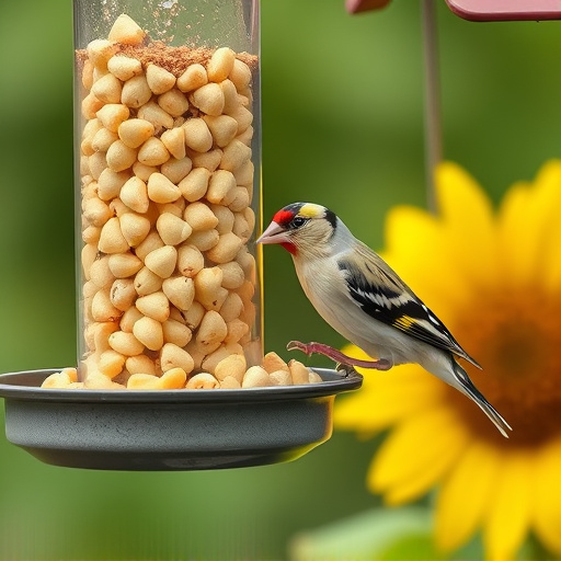Goldfinch eating sunflower hearts from feeder