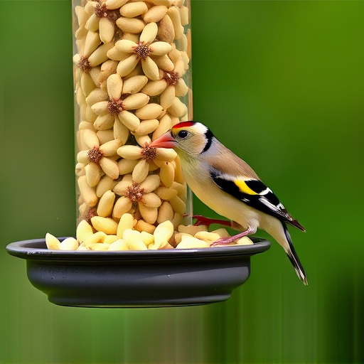 Goldfinch eating sunflower hearts from feeder