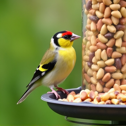 Goldfinch eating sunflower hearts from feeder