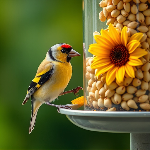 Goldfinch eating sunflower hearts from feeder