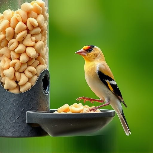 Goldfinch eating sunflower hearts from feeder