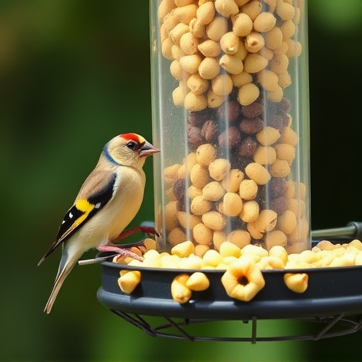 Goldfinch eating sunflower hearts from feeder