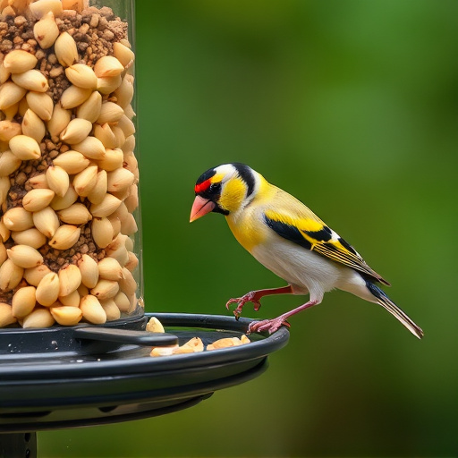 Goldfinch eating sunflower hearts from feeder