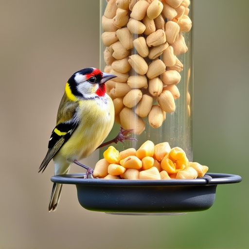 Goldfinch eating sunflower hearts from feeder