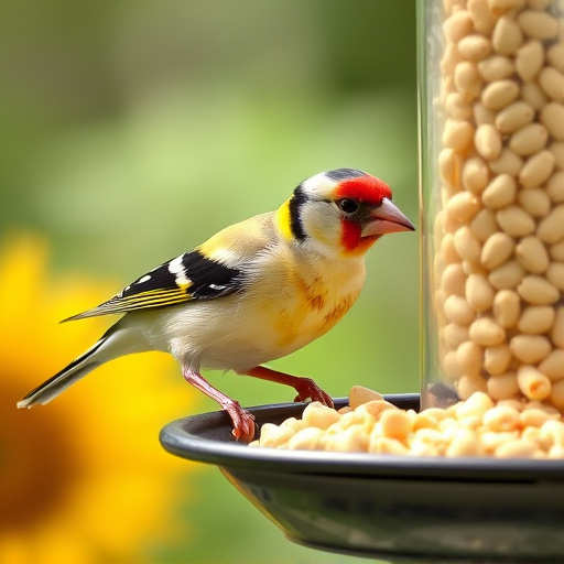Goldfinch eating sunflower hearts from feeder