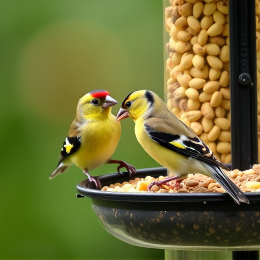 Goldfinch eating sunflower hearts from feeder