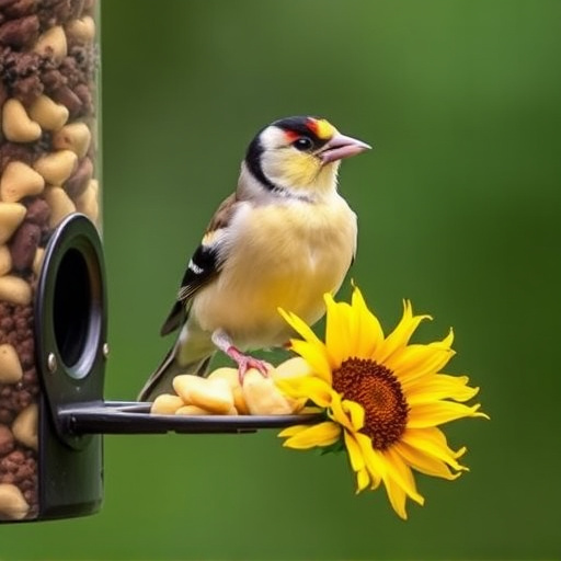 Goldfinch eating sunflower hearts from feeder