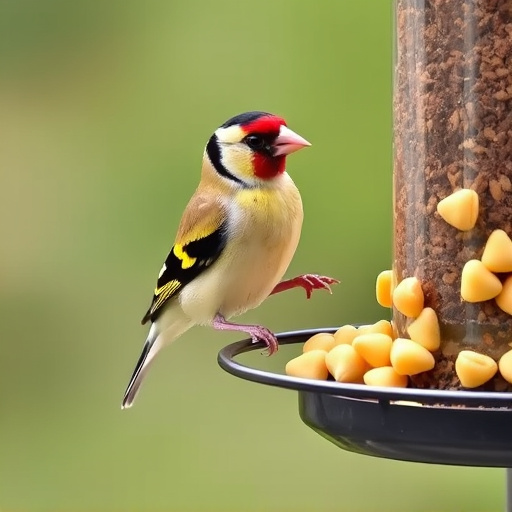 Goldfinch eating sunflower hearts from feeder