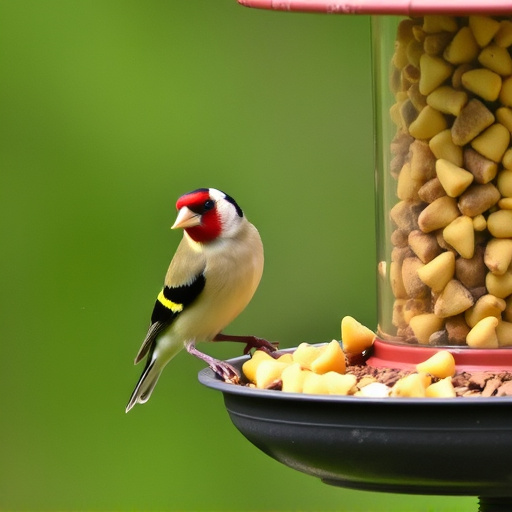 Goldfinch eating sunflower hearts from feeder