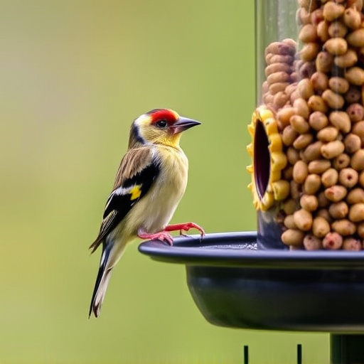 Goldfinch eating sunflower hearts from feeder