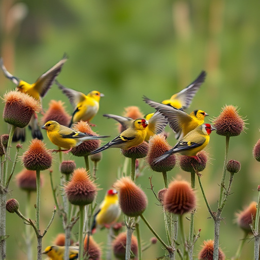 Goldfinch flock among thistle plants
