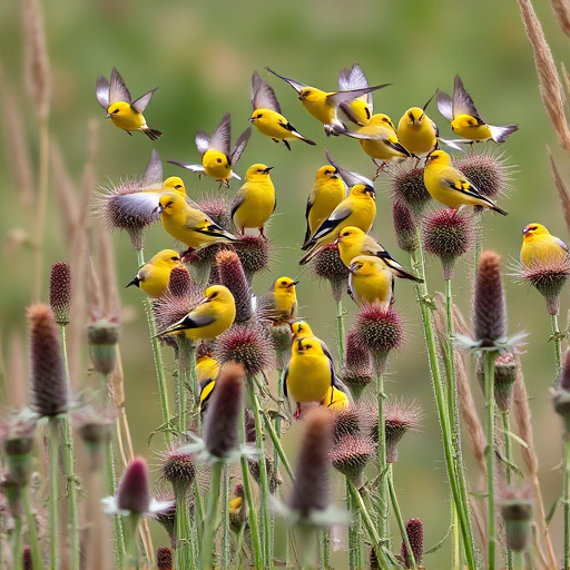 Goldfinch flock among thistle plants